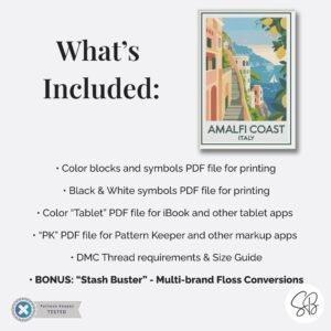 Amalfi Coast Poster Cross Stitch Pattern, Italy Retro Inspired Travel Art, Digital , Floss Conversions