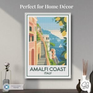 Amalfi Coast Poster Cross Stitch Pattern, Italy Retro Inspired Travel Art, Digital , Floss Conversions