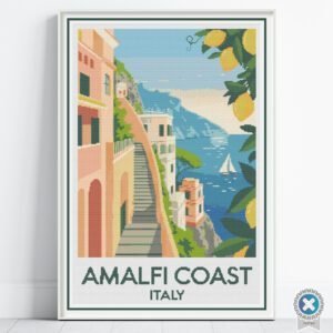 Amalfi Coast Poster Cross Stitch Pattern, Italy Retro Inspired Travel Art, Digital , Floss Conversions