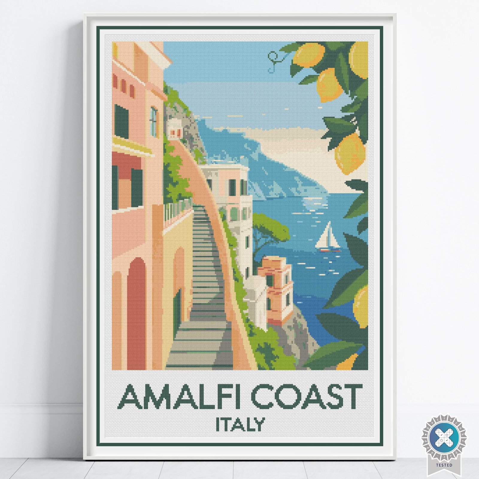 Amalfi Coast Poster Cross Stitch Pattern, Italy Retro Inspired Travel Art, Digital , Floss Conversions