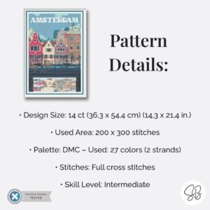 Amsterdam Cross Stitch Pattern, Dutch Retro Travel Poster, Holland Embroidery, Full Coverage, Floss Conversions