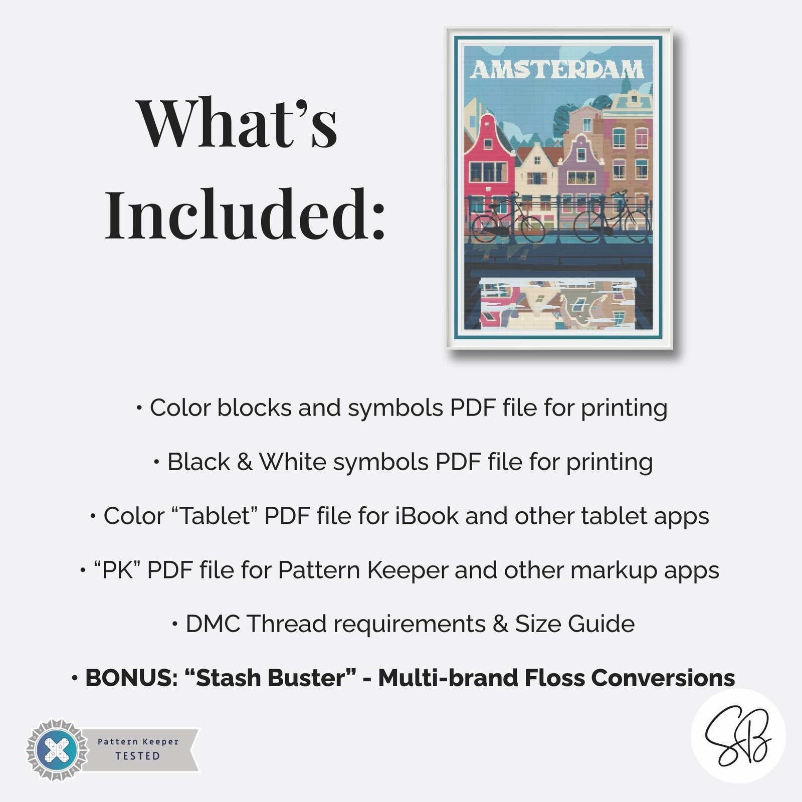 Amsterdam Cross Stitch Pattern, Dutch Retro Travel Poster, Holland Embroidery, Full Coverage, Floss Conversions