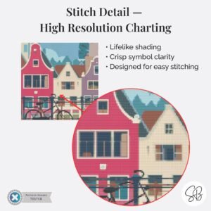 Amsterdam Cross Stitch Pattern, Dutch Retro Travel Poster, Holland Embroidery, Full Coverage, Floss Conversions
