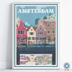 Amsterdam Cross Stitch Pattern, Dutch Retro Travel Poster, Holland Embroidery, Full Coverage, Floss Conversions