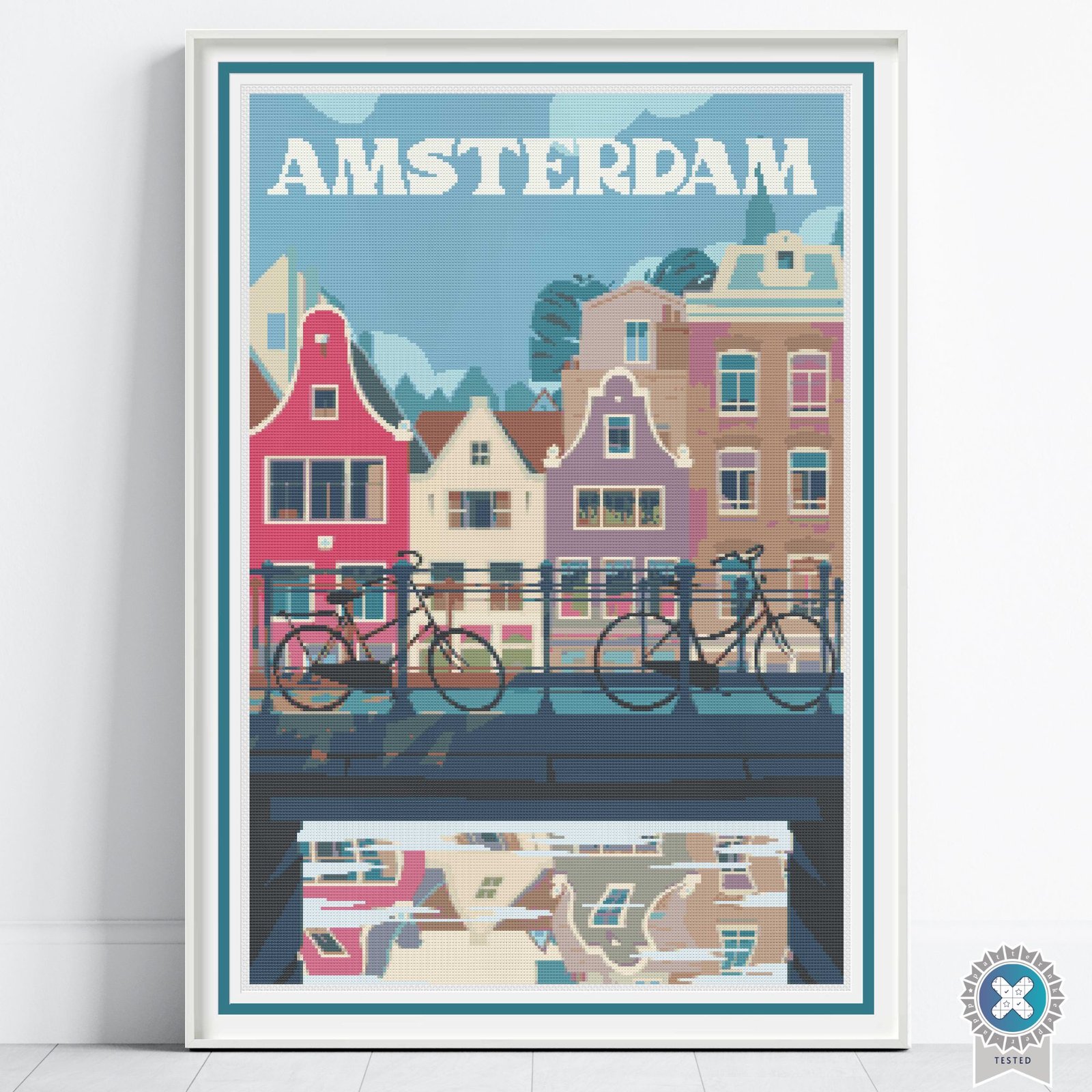 Amsterdam Cross Stitch Pattern, Dutch Retro Travel Poster, Holland Embroidery, Full Coverage, Floss Conversions