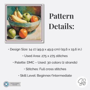 Apples, Oranges & Bananas Cross Stitch Pattern, Fruit Painting Instant Download, Full Coverage, Floss Conversions