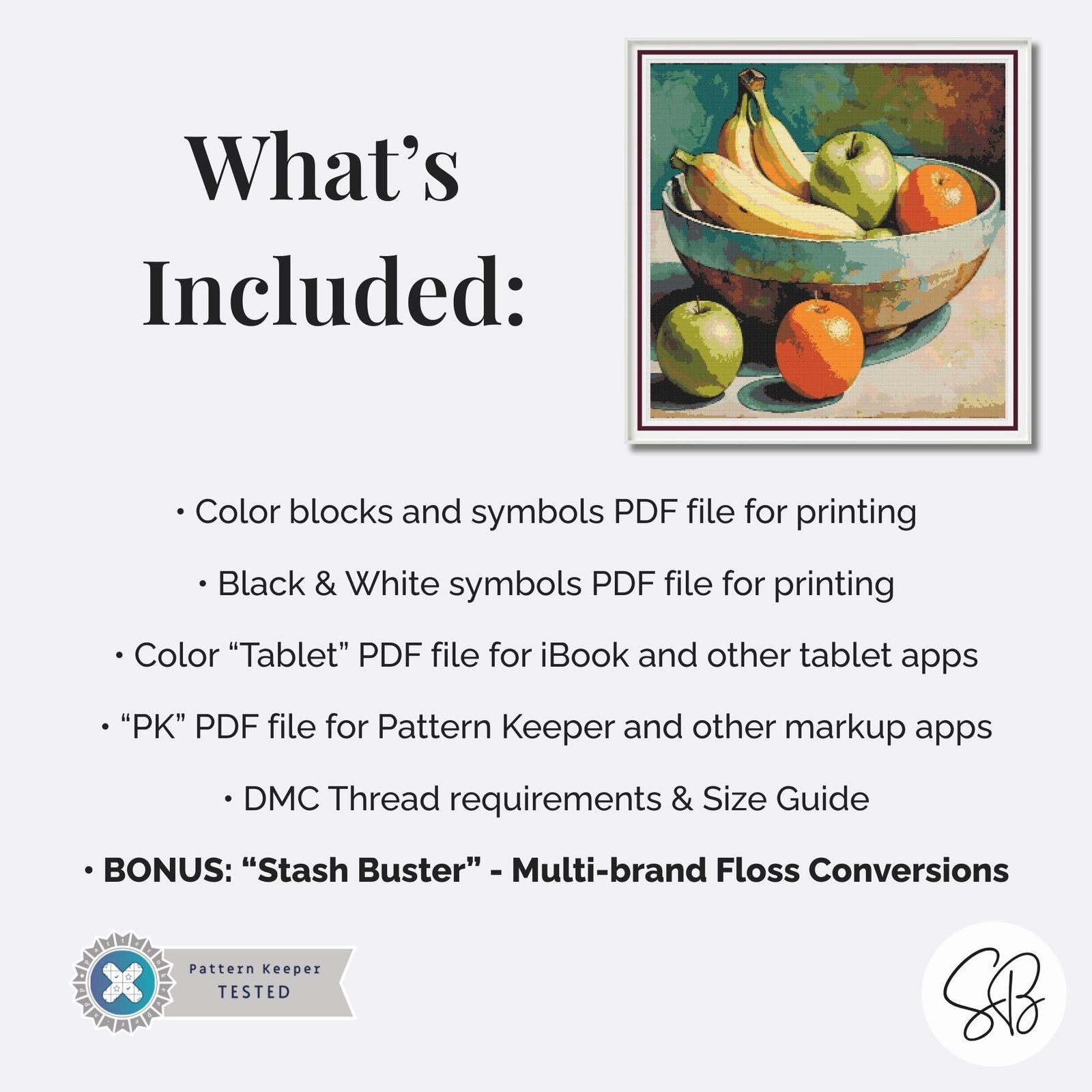 Apples, Oranges & Bananas Cross Stitch Pattern, Fruit Painting Instant Download, Full Coverage, Floss Conversions