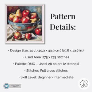 Apples & Pears Cross Stitch Pattern, Fruit Painting Instant PDF Download, Full Coverage, Floss Conversions