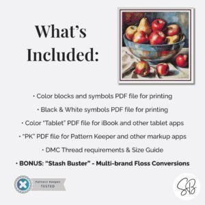 Apples & Pears Cross Stitch Pattern, Fruit Painting Instant PDF Download, Full Coverage, Floss Conversions