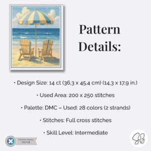 Beach Chairs Cross Stitch Pattern, Coastal Decor, Ocean Waves Embroidery, Full Coverage, Floss Conversions