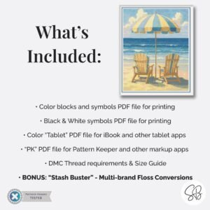 Beach Chairs Cross Stitch Pattern, Coastal Decor, Ocean Waves Embroidery, Full Coverage, Floss Conversions