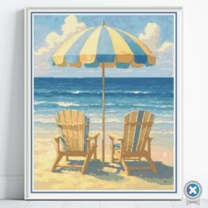 Beach Chairs Cross Stitch Pattern, Coastal Decor, Ocean Waves Embroidery, Full Coverage, Floss Conversions