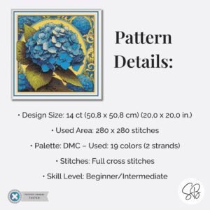 Blue Hydrangea Cross Stitch Pattern, Floral Embroidery, Instant Download, Full Coverage, Floss Conversions