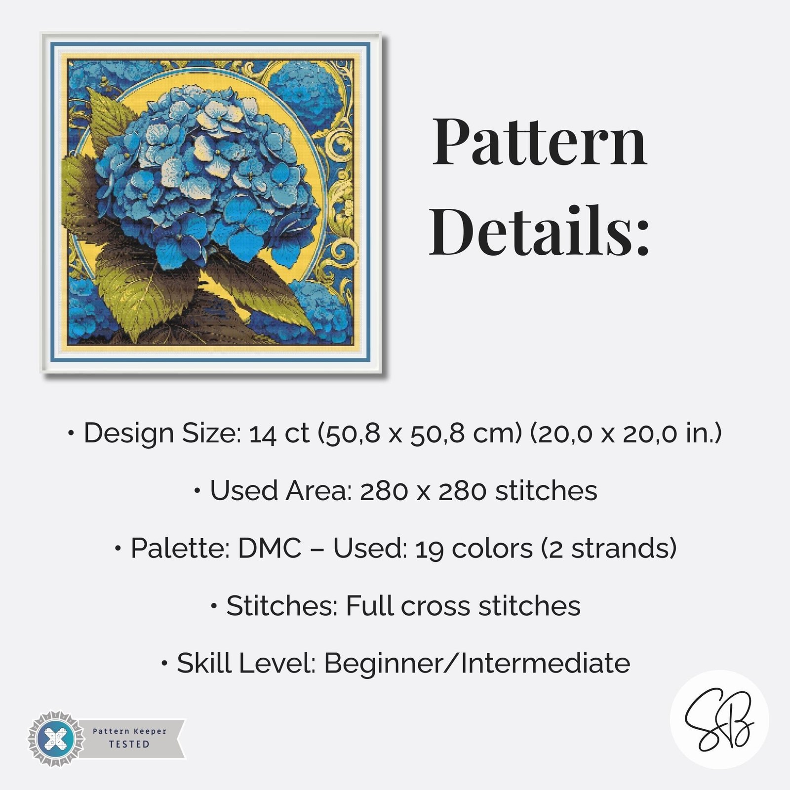 Blue Hydrangea Cross Stitch Pattern, Floral Embroidery, Instant Download, Full Coverage, Floss Conversions
