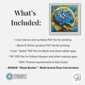 Blue Hydrangea Cross Stitch Pattern, Floral Embroidery, Instant Download, Full Coverage, Floss Conversions