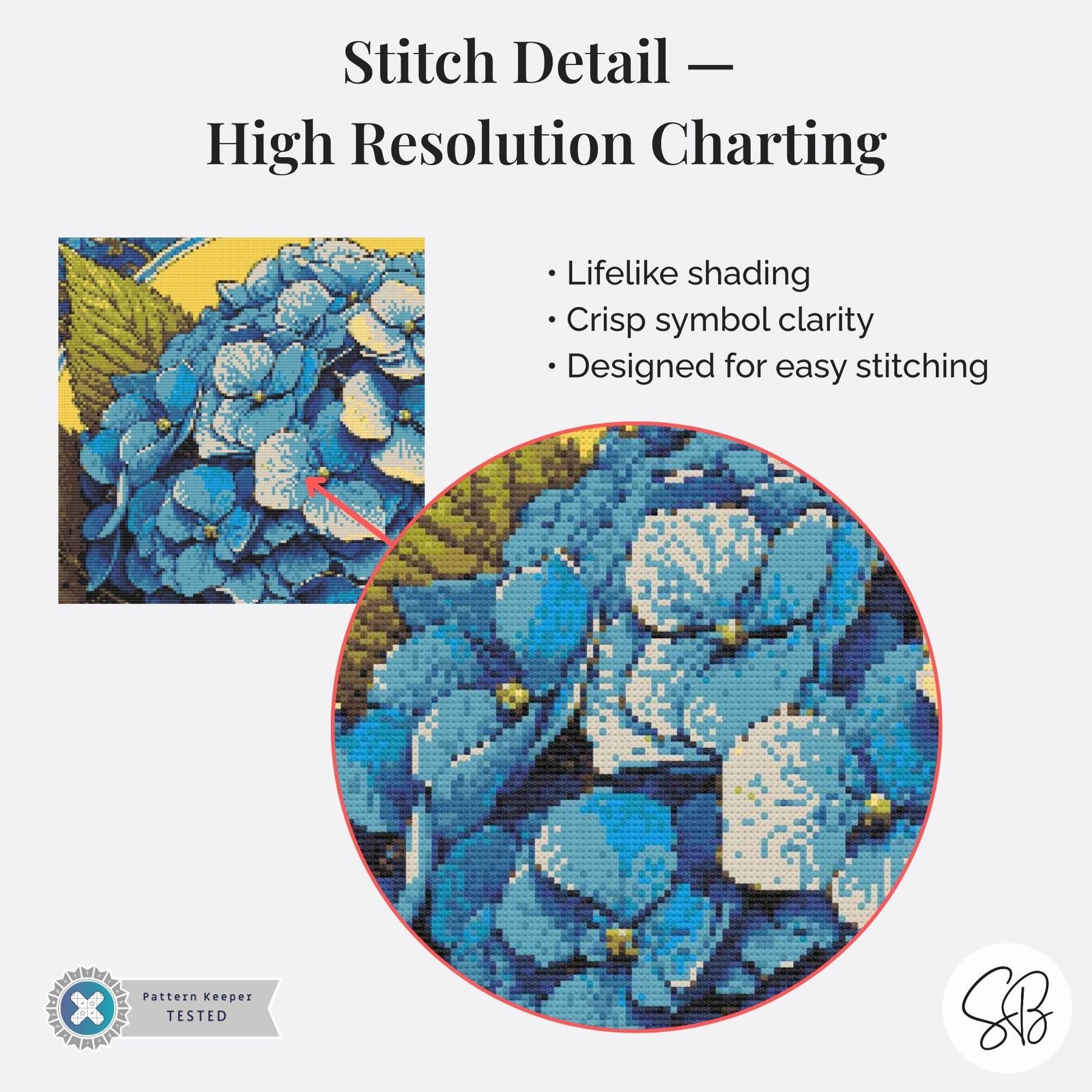 Blue Hydrangea Cross Stitch Pattern, Floral Embroidery, Instant Download, Full Coverage, Floss Conversions