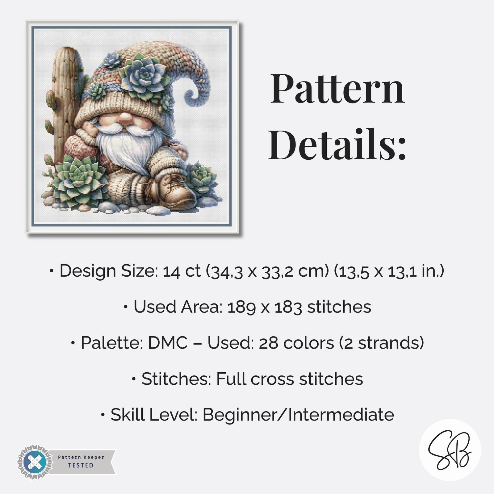 Cactus Gnome Cross Stitch Pattern, Succulent Desert Gnome Chart, Instant PDF Download, Floss Conversions
