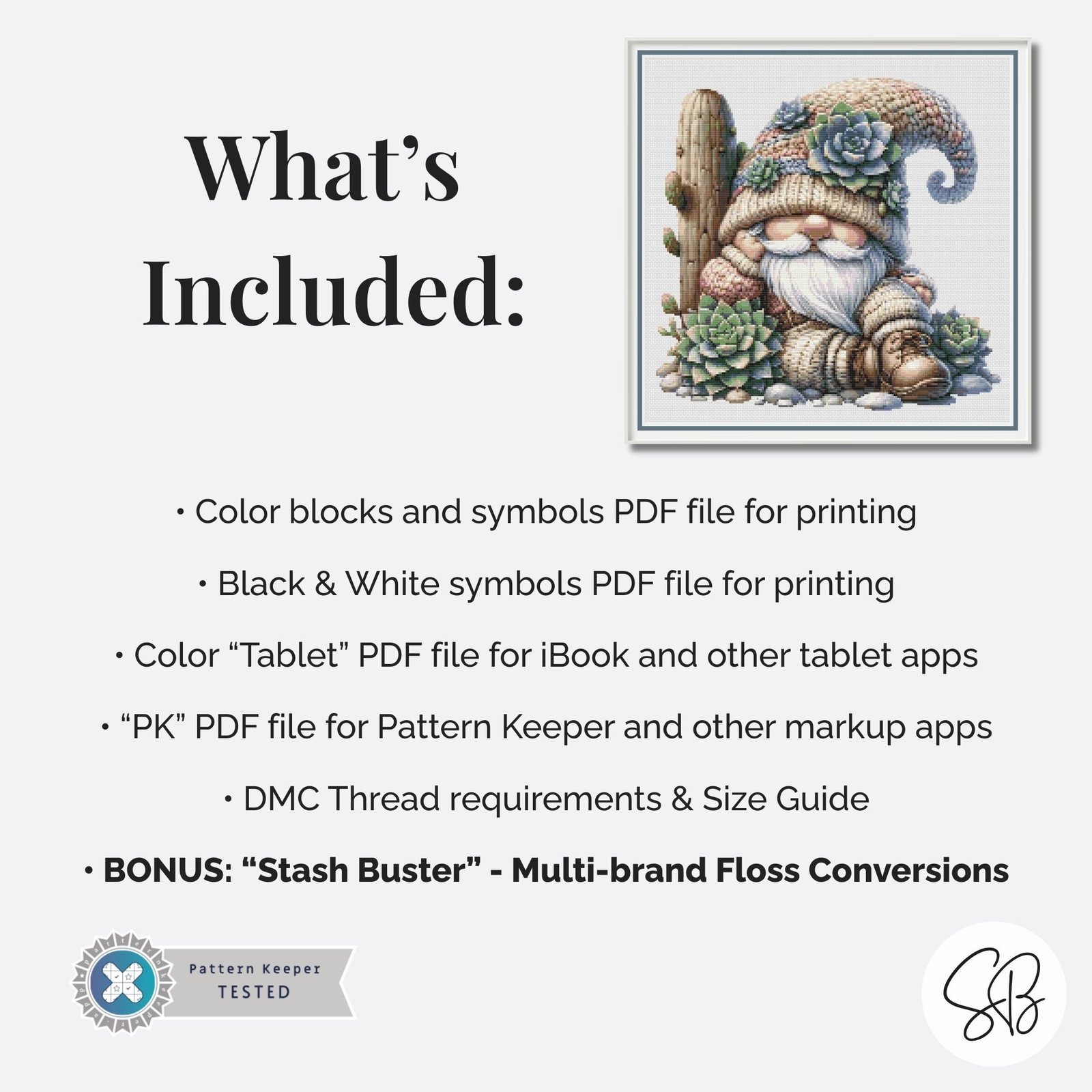 Cactus Gnome Cross Stitch Pattern, Succulent Desert Gnome Chart, Instant PDF Download, Floss Conversions