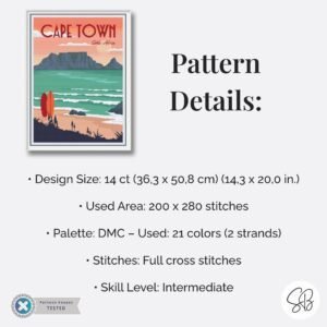Cape Town Cross Stitch Pattern, South Africa Table Mountain Vintage Travel Decor, Floss Conversions