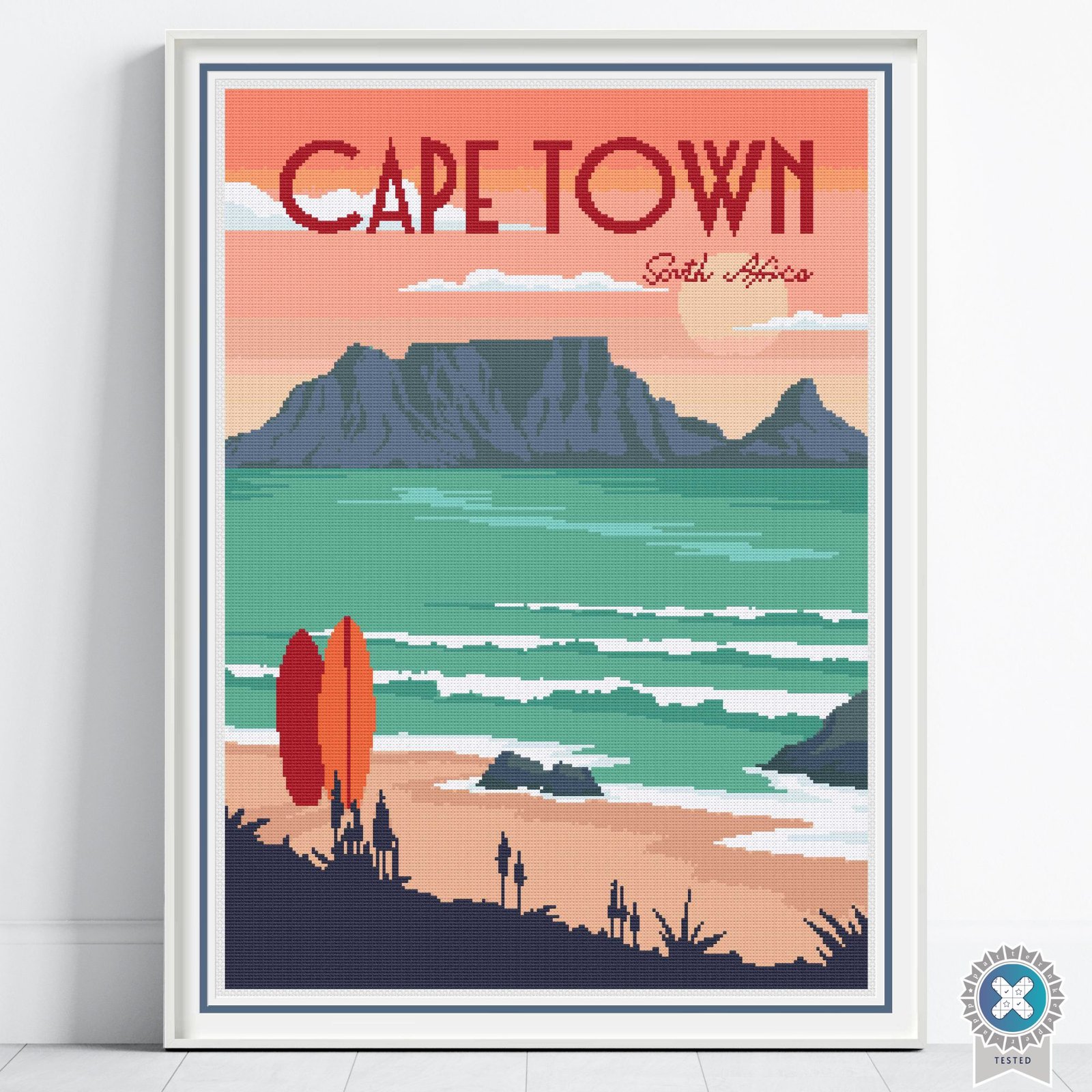Cape Town Cross Stitch Pattern, South Africa Table Mountain Vintage Travel Decor, Floss Conversions