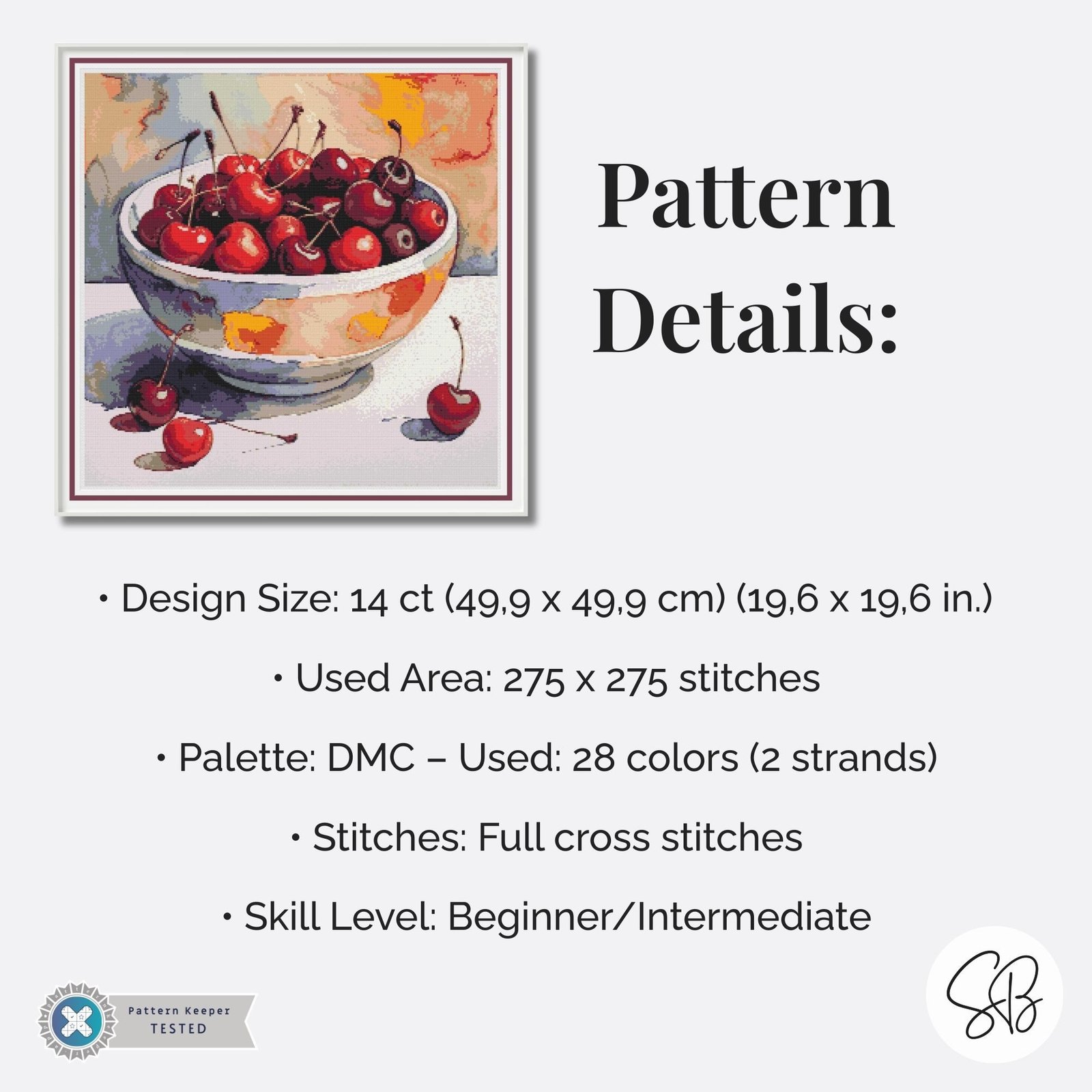 Cherries Cross Stitch Pattern, Cherry Fruit Painting Instant PDF Download, Full Coverage, Floss Conversions