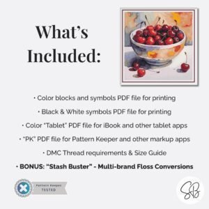 Cherries Cross Stitch Pattern, Cherry Fruit Painting Instant PDF Download, Full Coverage, Floss Conversions