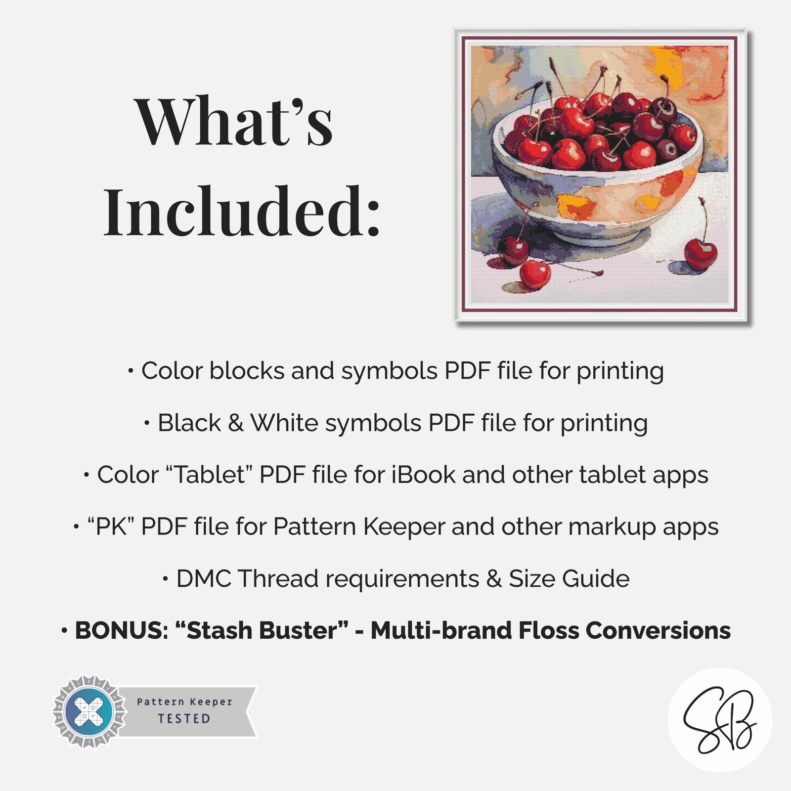 Cherries Cross Stitch Pattern, Cherry Fruit Painting Instant PDF Download, Full Coverage, Floss Conversions