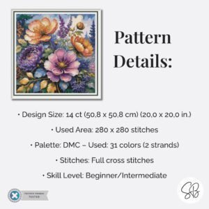 Enchanted Garden Cross Stitch Pattern, Floral Embroidery, Instant Download, Full Coverage, Floss Conversions