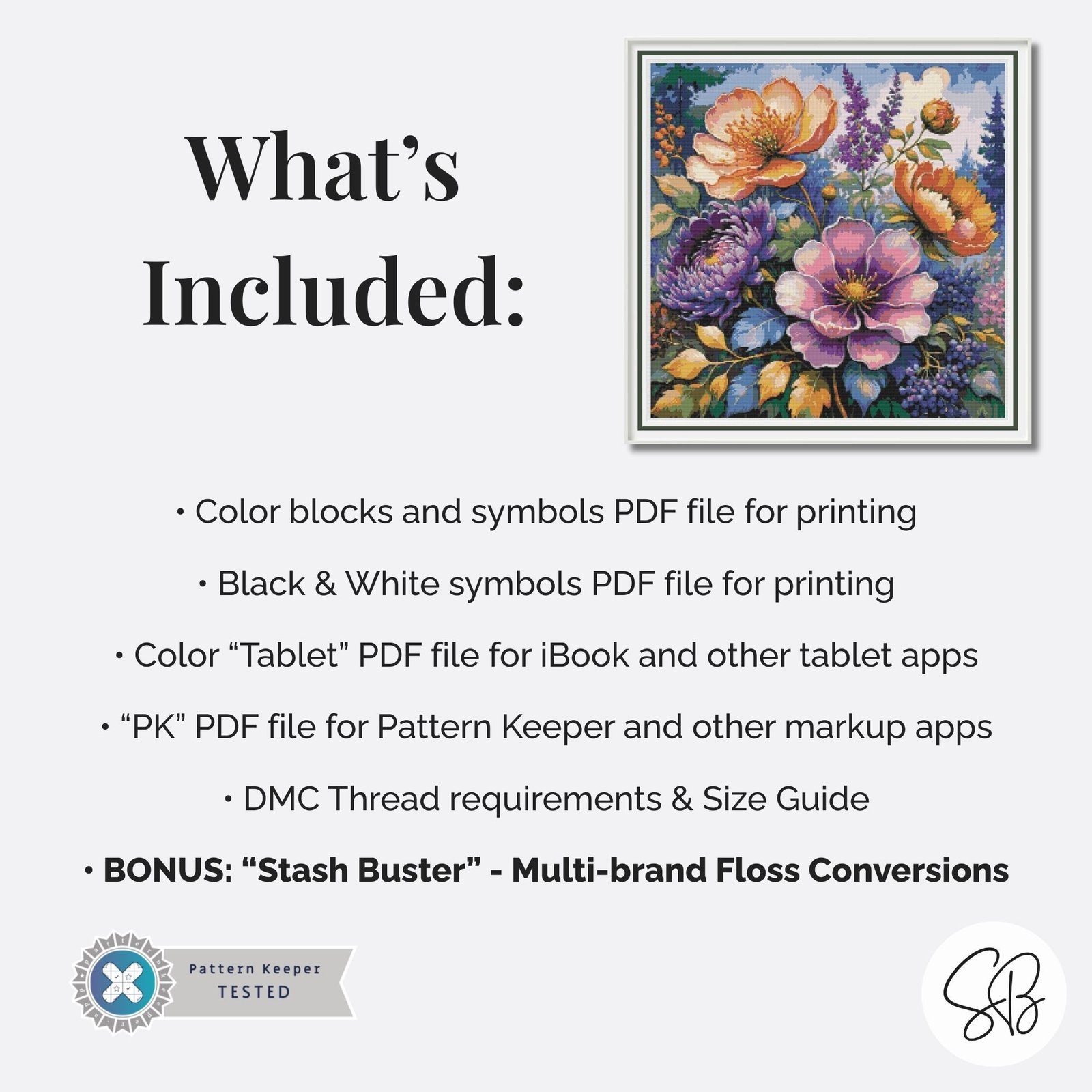 Enchanted Garden Cross Stitch Pattern, Floral Embroidery, Instant Download, Full Coverage, Floss Conversions