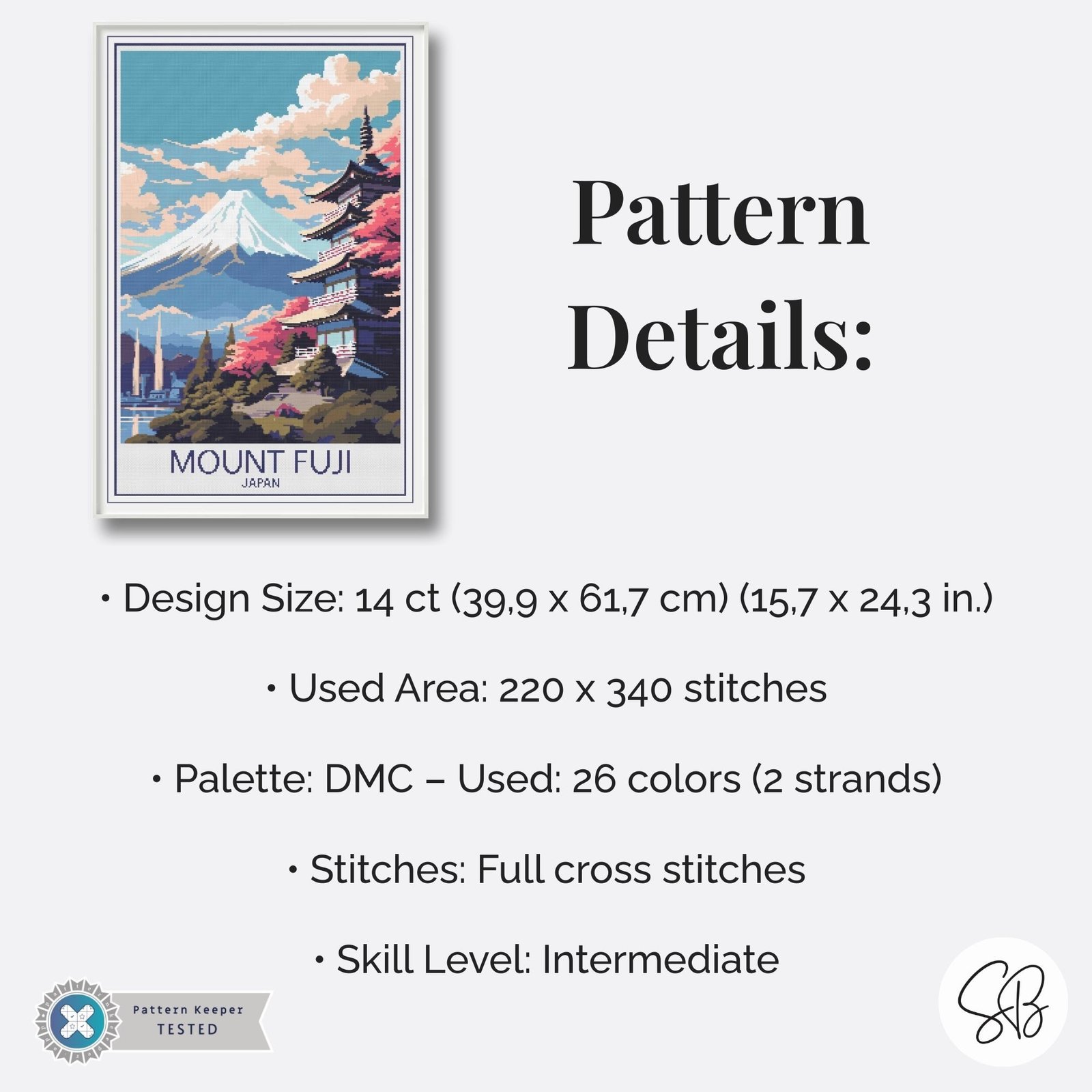 Mount Fuji Japan Travel Poster Cross Stitch Pattern, Japanese Mountain Embroidery Design, Floss Conversions