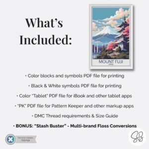 Mount Fuji Japan Travel Poster Cross Stitch Pattern, Japanese Mountain Embroidery Design, Floss Conversions