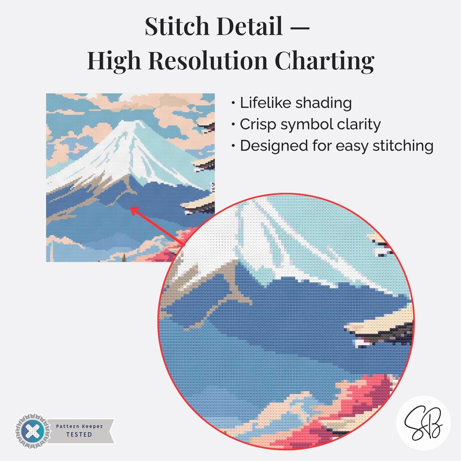 Mount Fuji Japan Travel Poster Cross Stitch Pattern, Japanese Mountain Embroidery Design, Floss Conversions