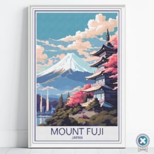 Mount Fuji Japan Travel Poster Cross Stitch Pattern, Japanese Mountain Embroidery Design, Floss Conversions