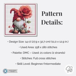 Gnome with Rose Cross Stitch Pattern, Romantic Valentines Instant Download PDF, Floss Conversions