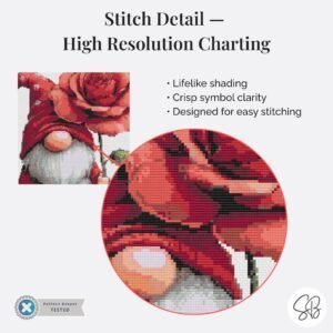 Gnome with Rose Cross Stitch Pattern, Romantic Valentines Instant Download PDF, Floss Conversions