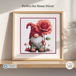 Gnome with Rose Cross Stitch Pattern, Romantic Valentines Instant Download PDF, Floss Conversions
