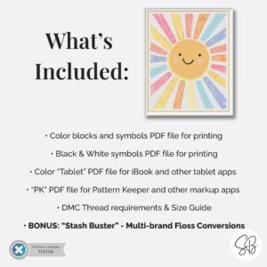 Watercolor Sun Cross Stitch Pattern, Digital Pastel Sunshine Nursery Decor, PDF Download, Floss Conversions