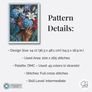 Woman With Flowers Cross Stitch Pattern, Floral Woman Embroidery Portrait, Instant Download, Floss Conversions