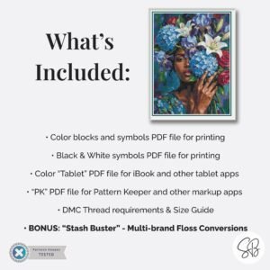 Woman With Flowers Cross Stitch Pattern, Floral Woman Embroidery Portrait, Instant Download, Floss Conversions