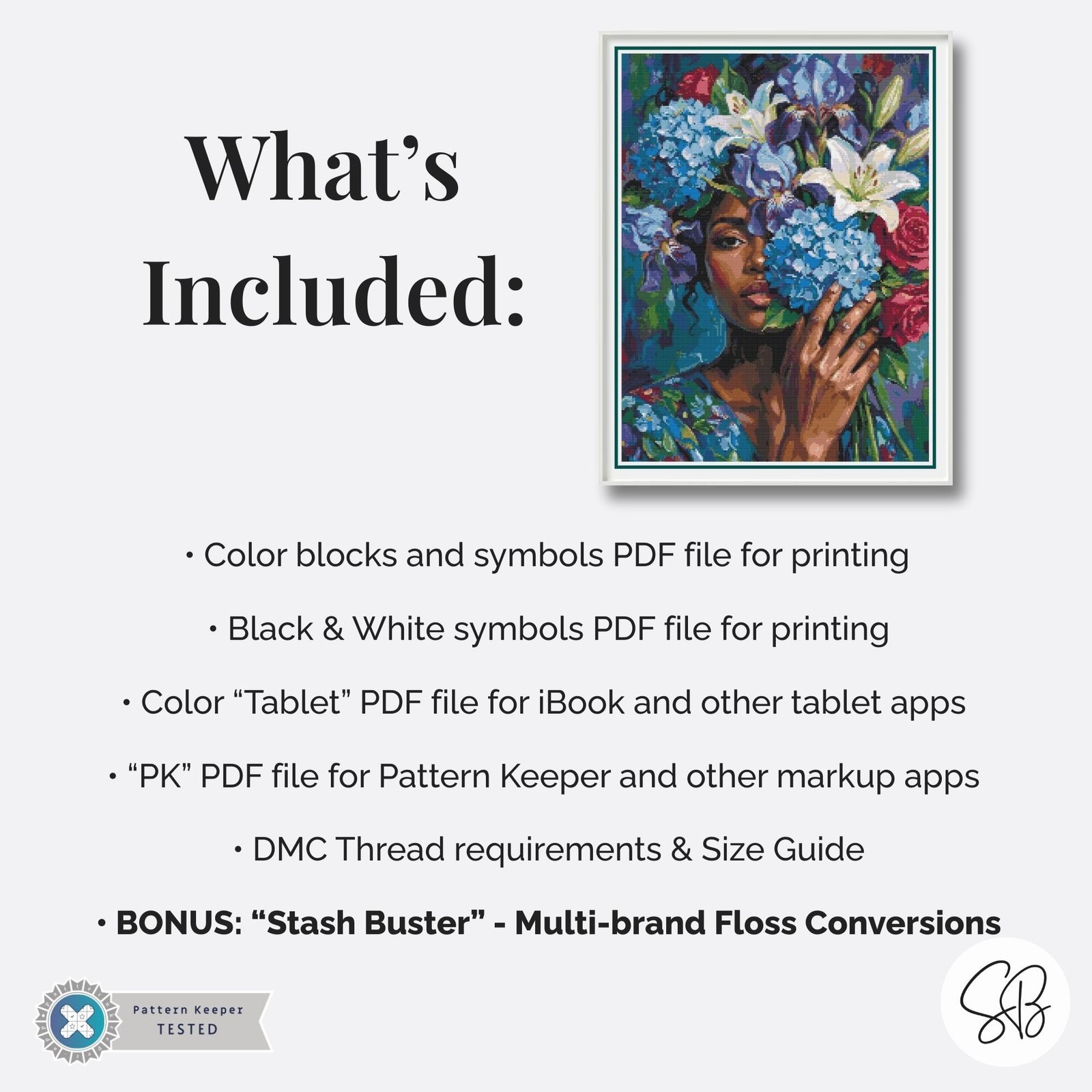 Woman With Flowers Cross Stitch Pattern, Floral Woman Embroidery Portrait, Instant Download, Floss Conversions