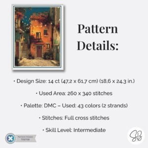 Mediterranean Courtyard Night Cross Stitch Pattern, Full Coverage Village Scene PDF Download, Floss Conversions