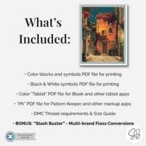 Mediterranean Courtyard Night Cross Stitch Pattern, Full Coverage Village Scene PDF Download, Floss Conversions