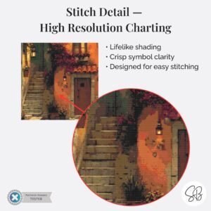 Mediterranean Courtyard Night Cross Stitch Pattern, Full Coverage Village Scene PDF Download, Floss Conversions