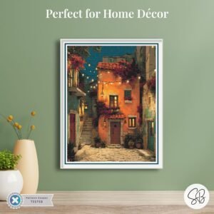 Mediterranean Courtyard Night Cross Stitch Pattern, Full Coverage Village Scene PDF Download, Floss Conversions