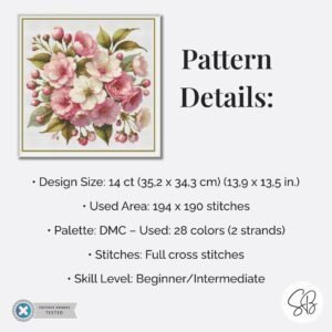 Cherry Blossom Cross Stitch Pattern, Floral Sakura Flowers Embroidery, Instant Download, Floss Conversions