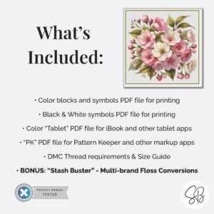 Cherry Blossom Cross Stitch Pattern, Floral Sakura Flowers Embroidery, Instant Download, Floss Conversions