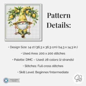 Lemon Gnome Cross Stitch Pattern, Gnome on Swing Chart, Instant PDF Download, Floss Conversions