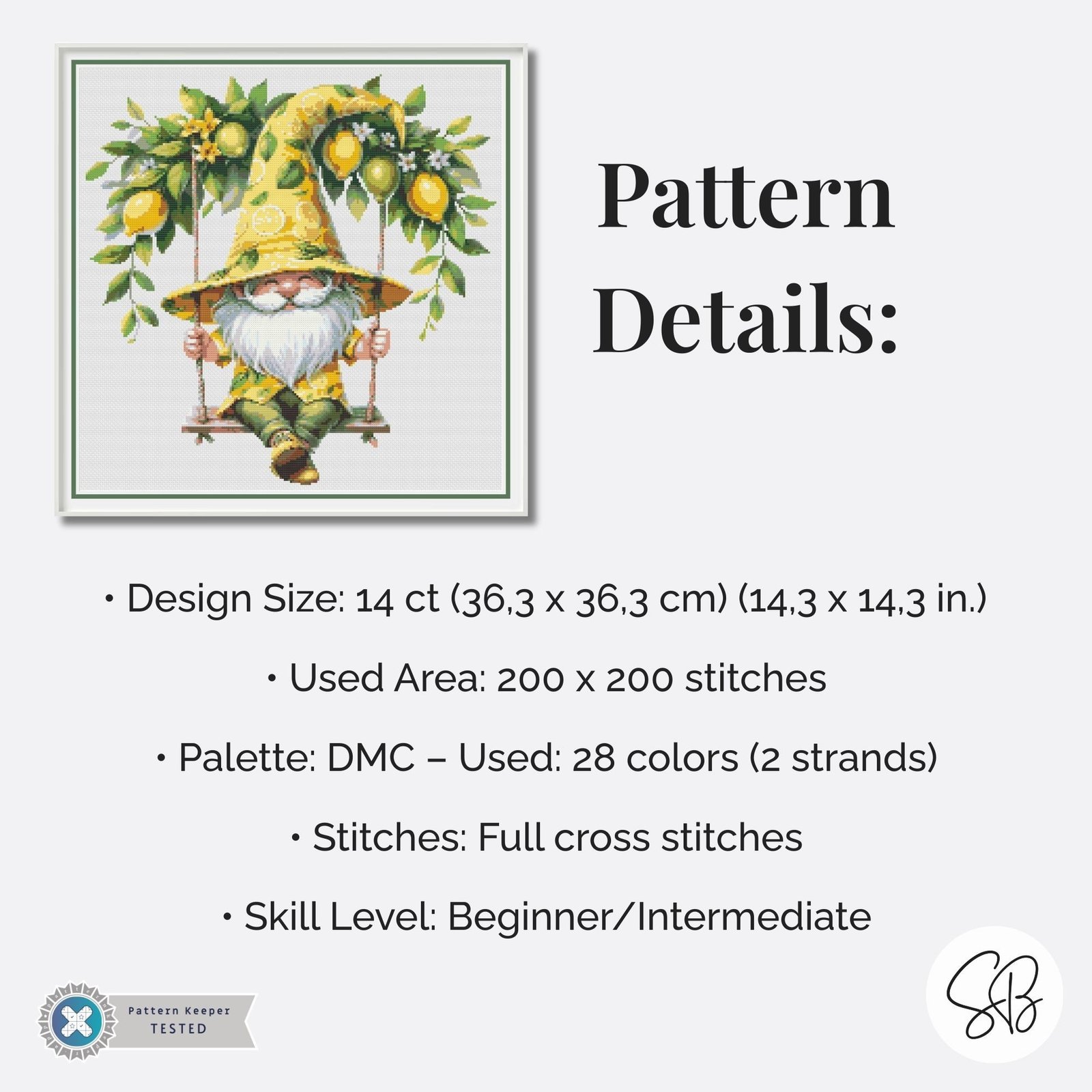 Lemon Gnome Cross Stitch Pattern, Gnome on Swing Chart, Instant PDF Download, Floss Conversions
