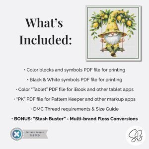 Lemon Gnome Cross Stitch Pattern, Gnome on Swing Chart, Instant PDF Download, Floss Conversions