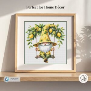 Lemon Gnome Cross Stitch Pattern, Gnome on Swing Chart, Instant PDF Download, Floss Conversions